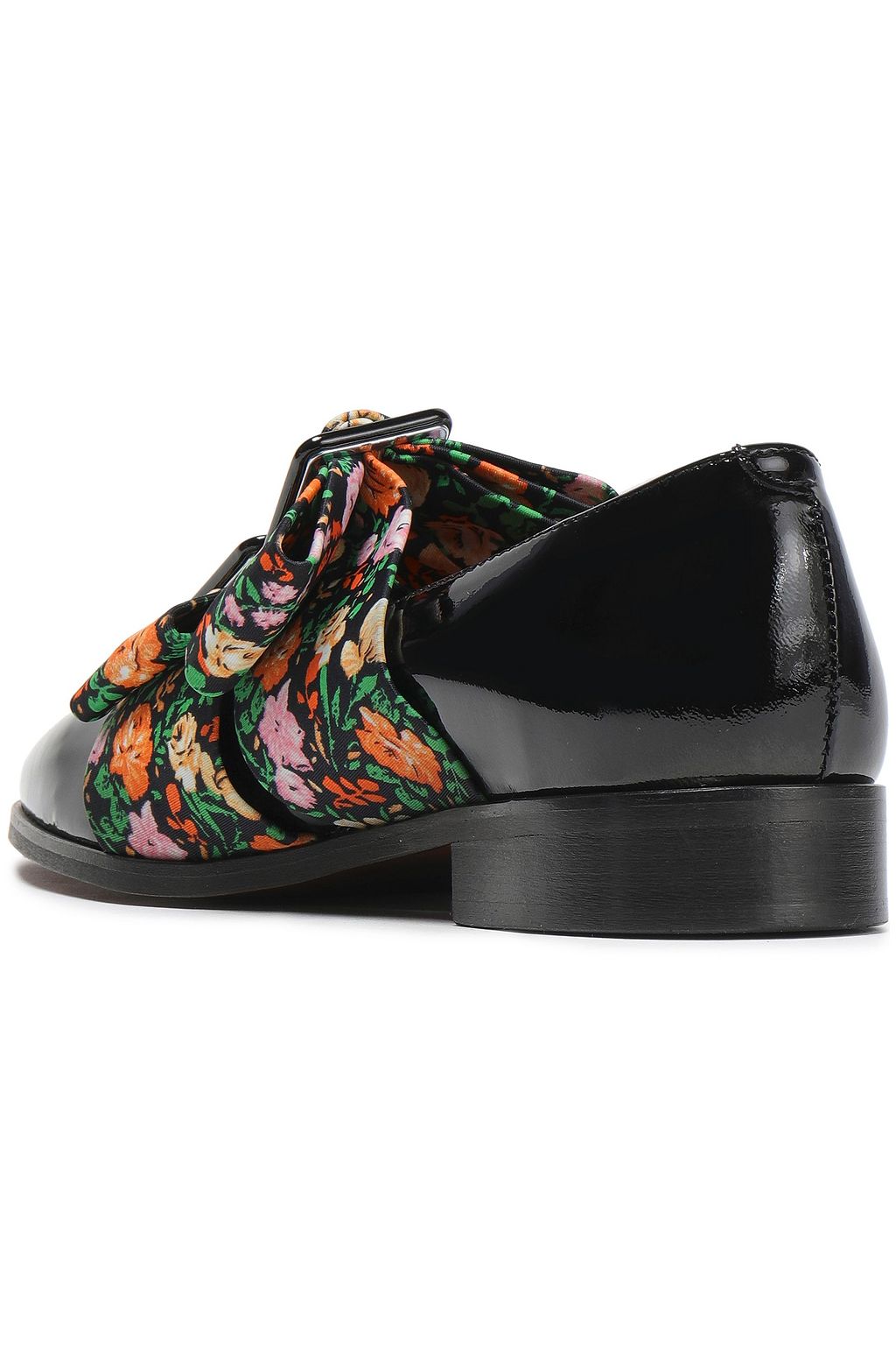 GANNI Maya bow-embellished floral-print faille and patent-leather loafers
