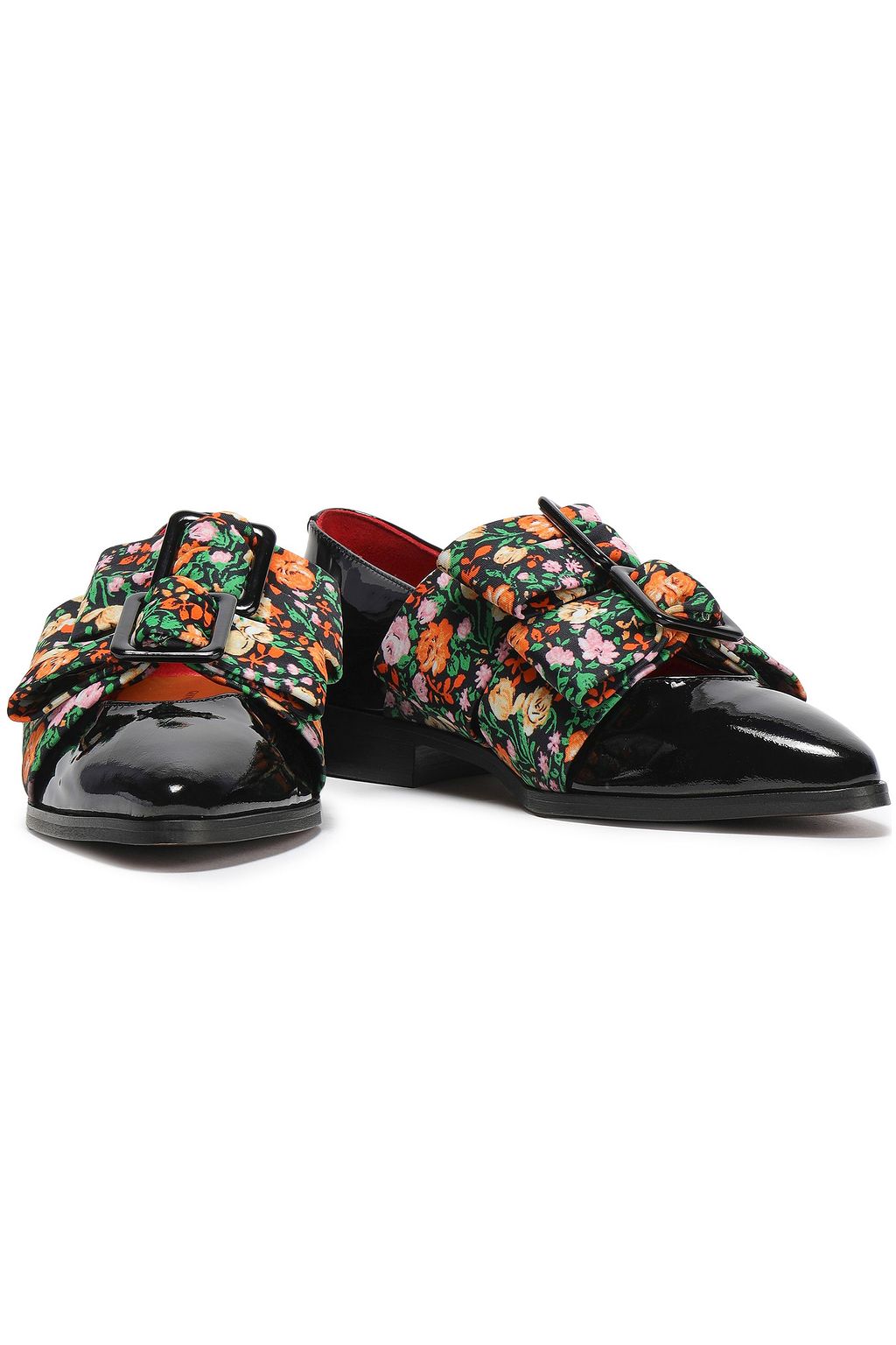 GANNI Maya bow-embellished floral-print faille and patent-leather loafers