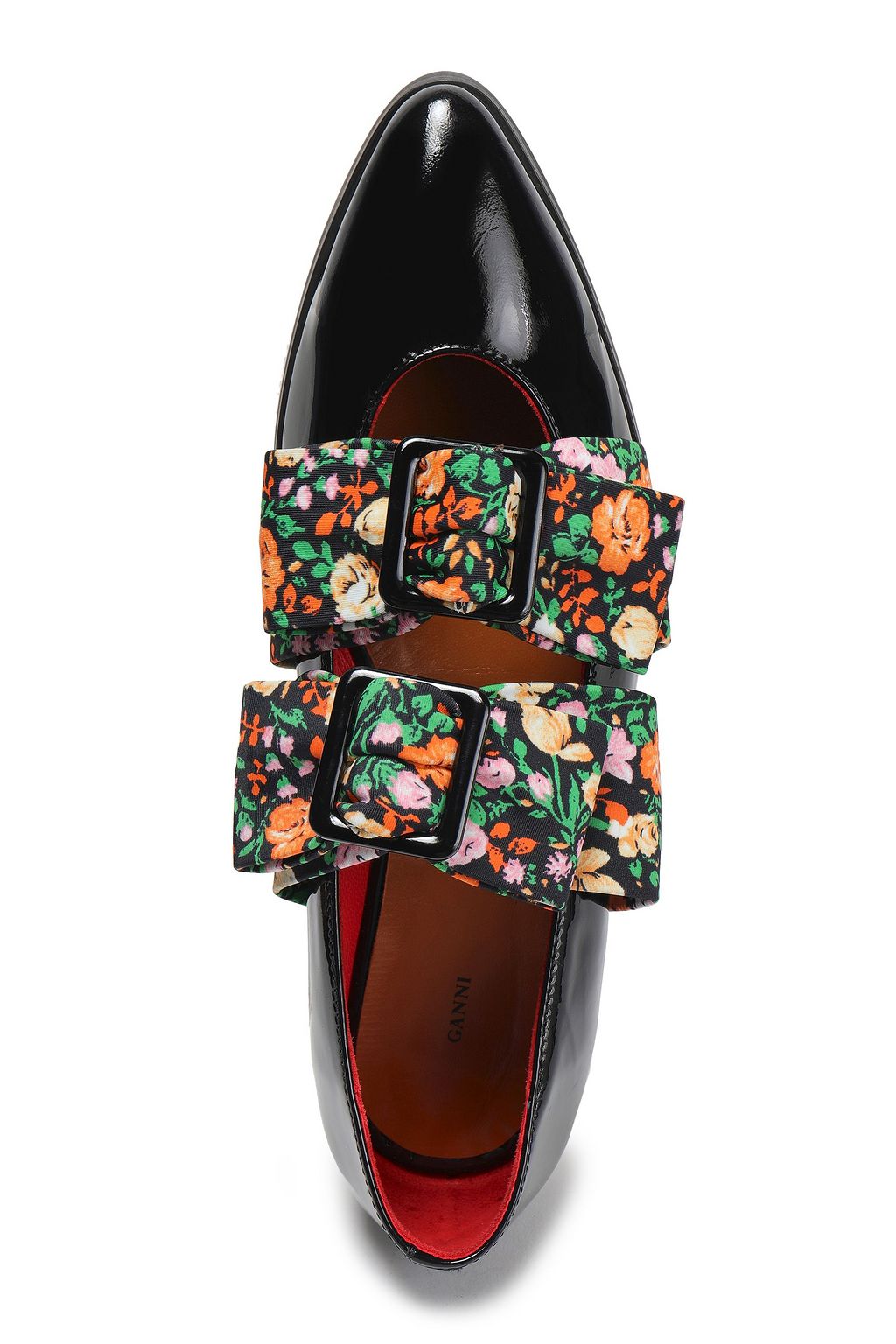 GANNI Maya bow-embellished floral-print faille and patent-leather loafers