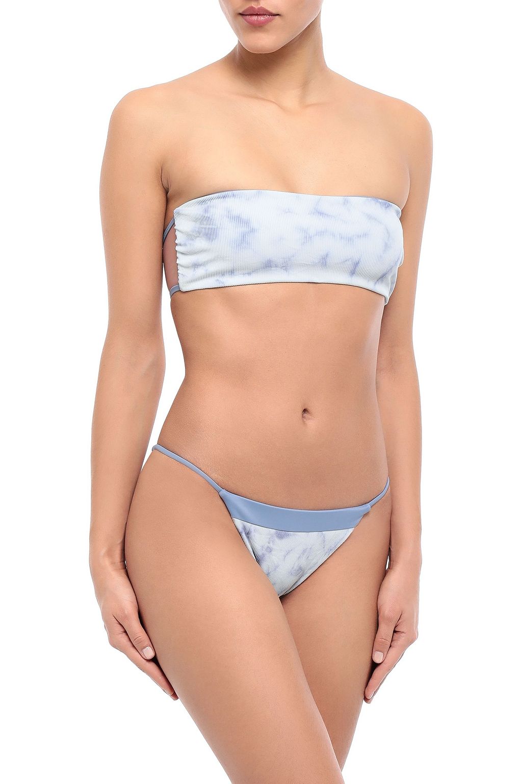 TORI PRAVER SWIMWEAR Mesh-paneled tie-dyed ribbed bandeau bikini top