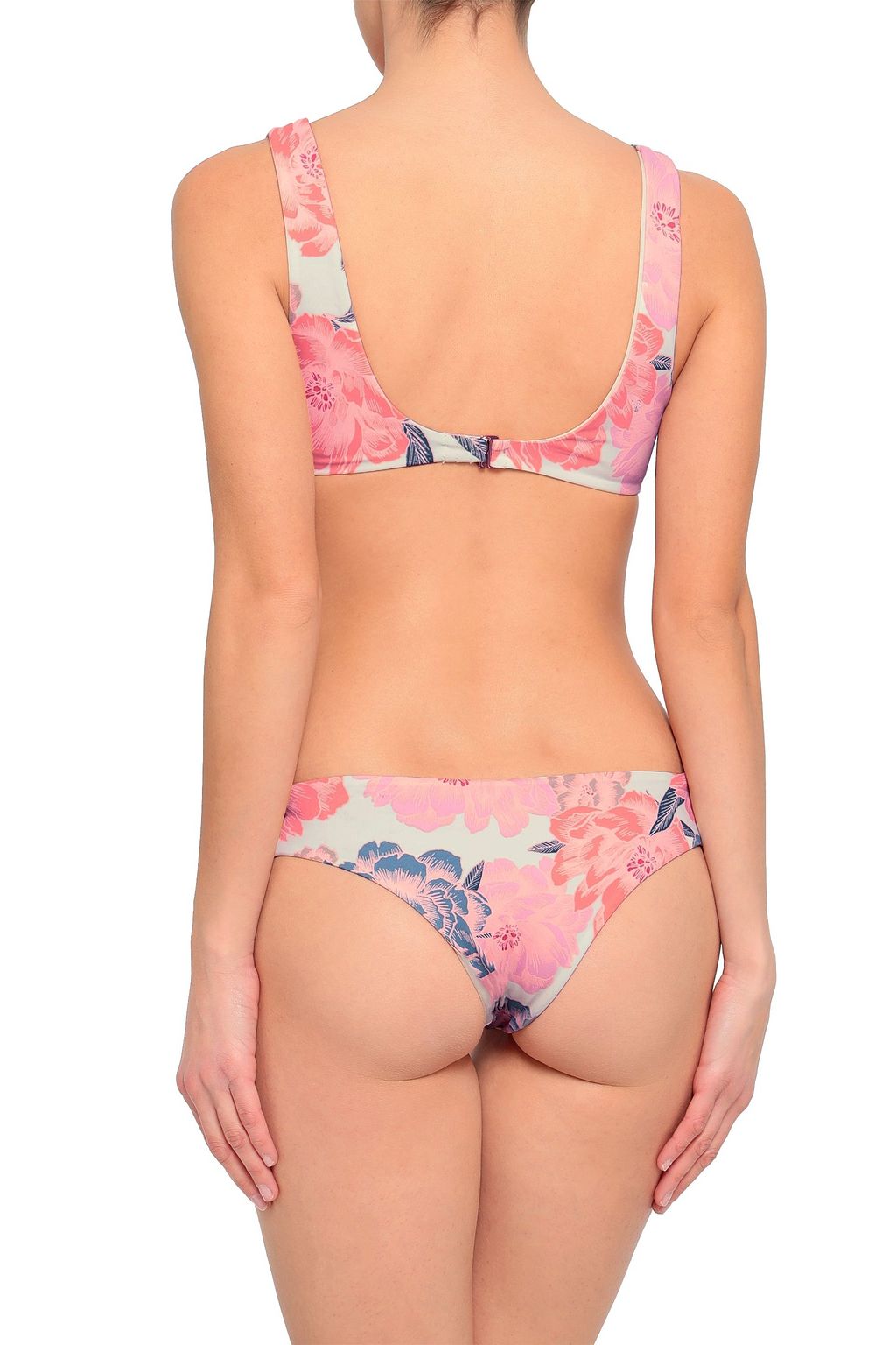TORI PRAVER SWIMWEAR سروال داخلي بيكيني منخفض الخصر ومطبع بالورود مع أربطة