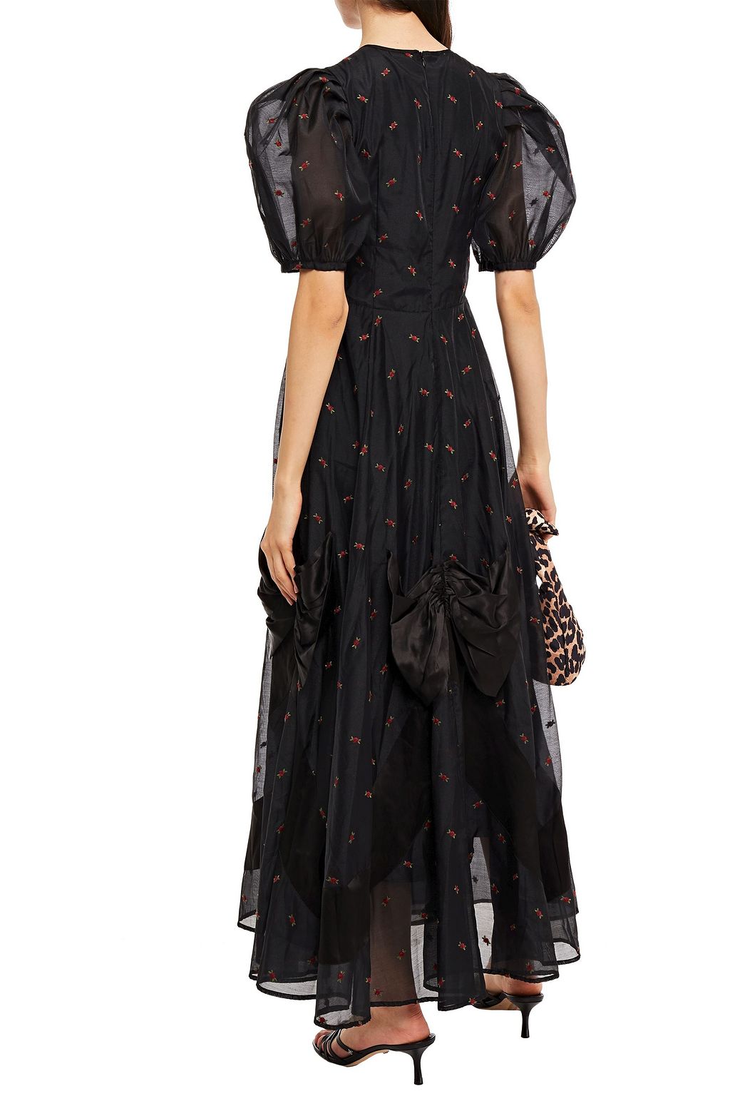 SHRIMPS Organza-paneled gathered embroidered satin midi dress