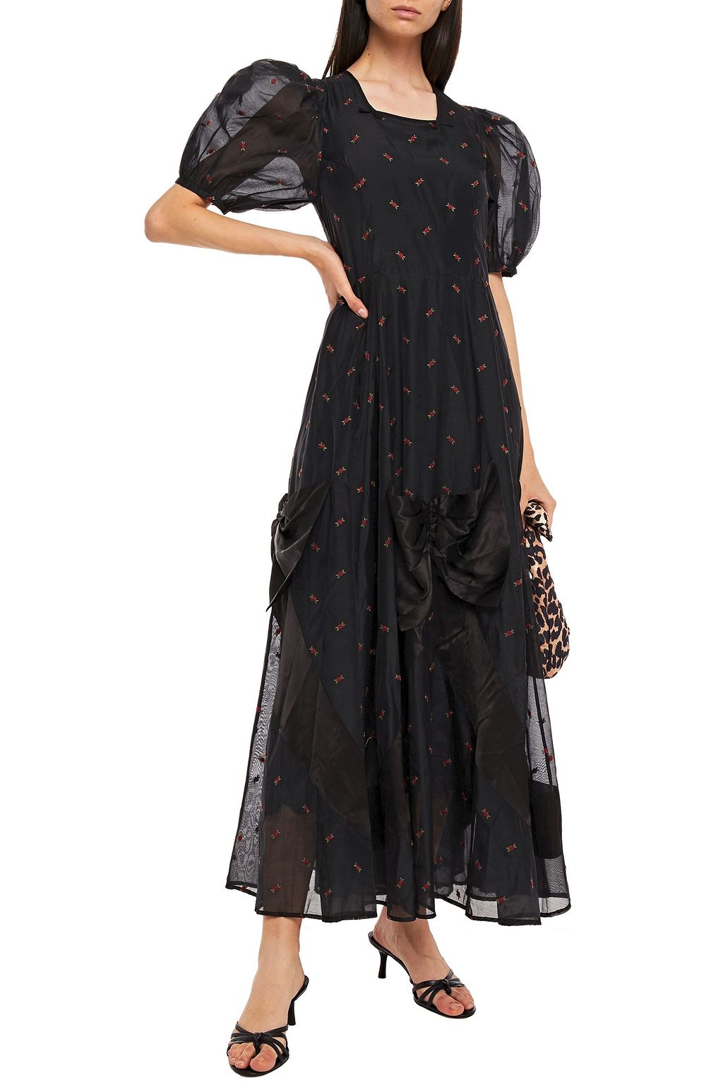 SHRIMPS Organza-paneled gathered embroidered satin midi dress