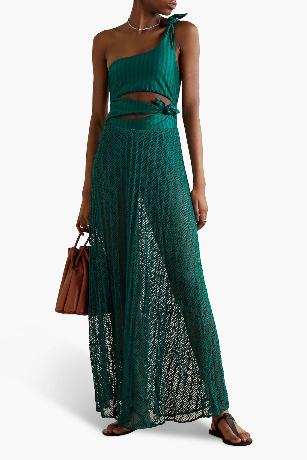 PATBO One-shoulder cutout stretch-modal jersey and crochet-knit maxi dress