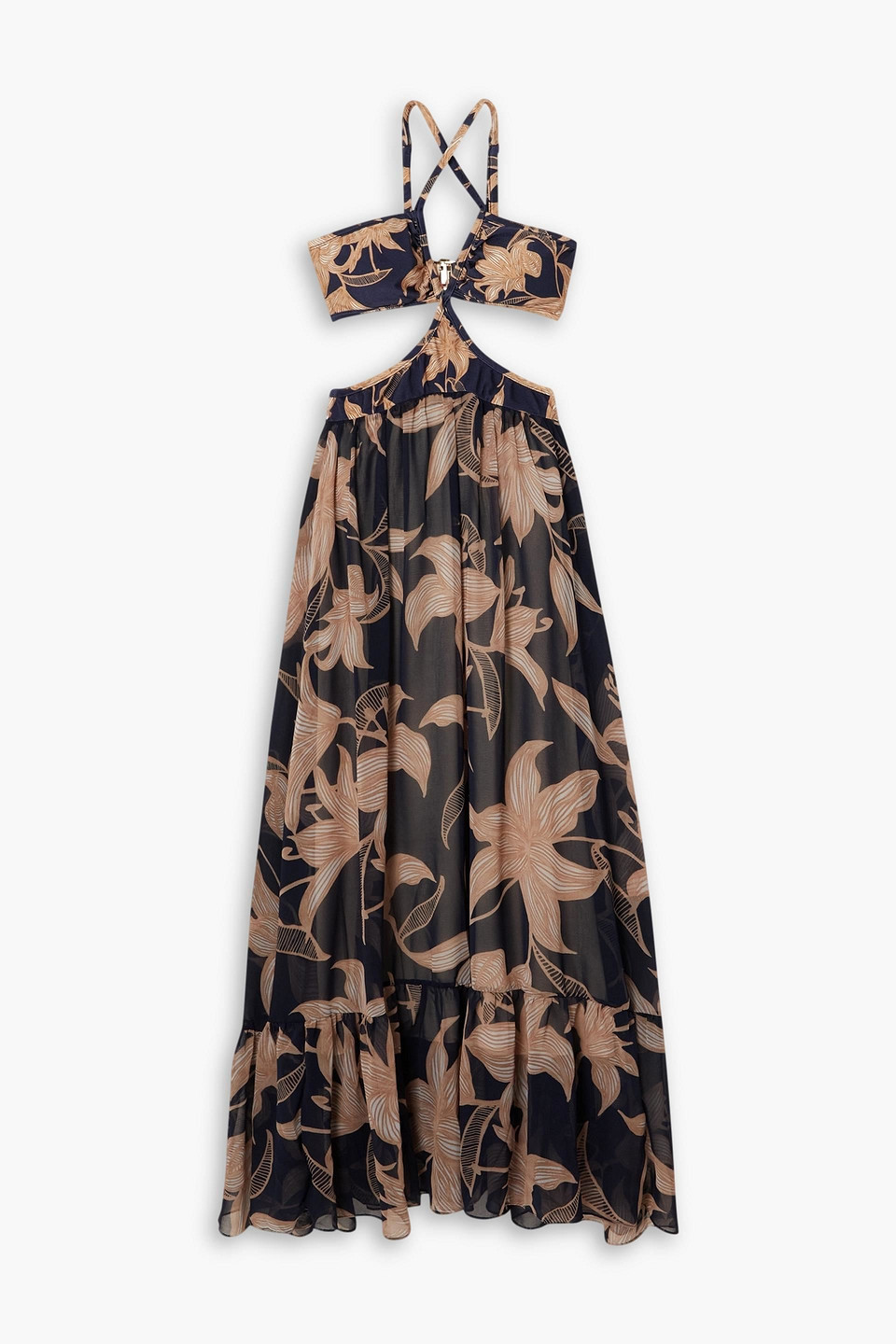 Patbo Stargazer Cutout Floral-print Chiffon And Stretch-jersey Maxi Dress In Navy