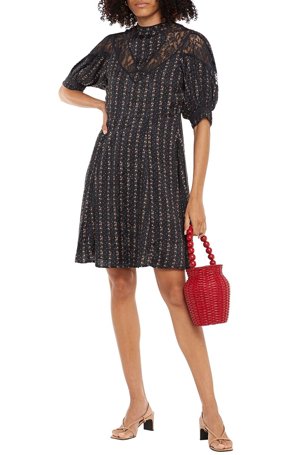 BYTIMO Lace-paneled floral-print jacquard mini dress