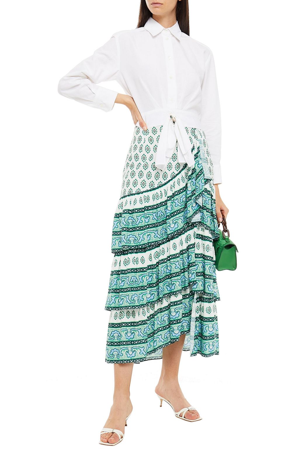 SANDRO Tiered printed crepe midi skirt