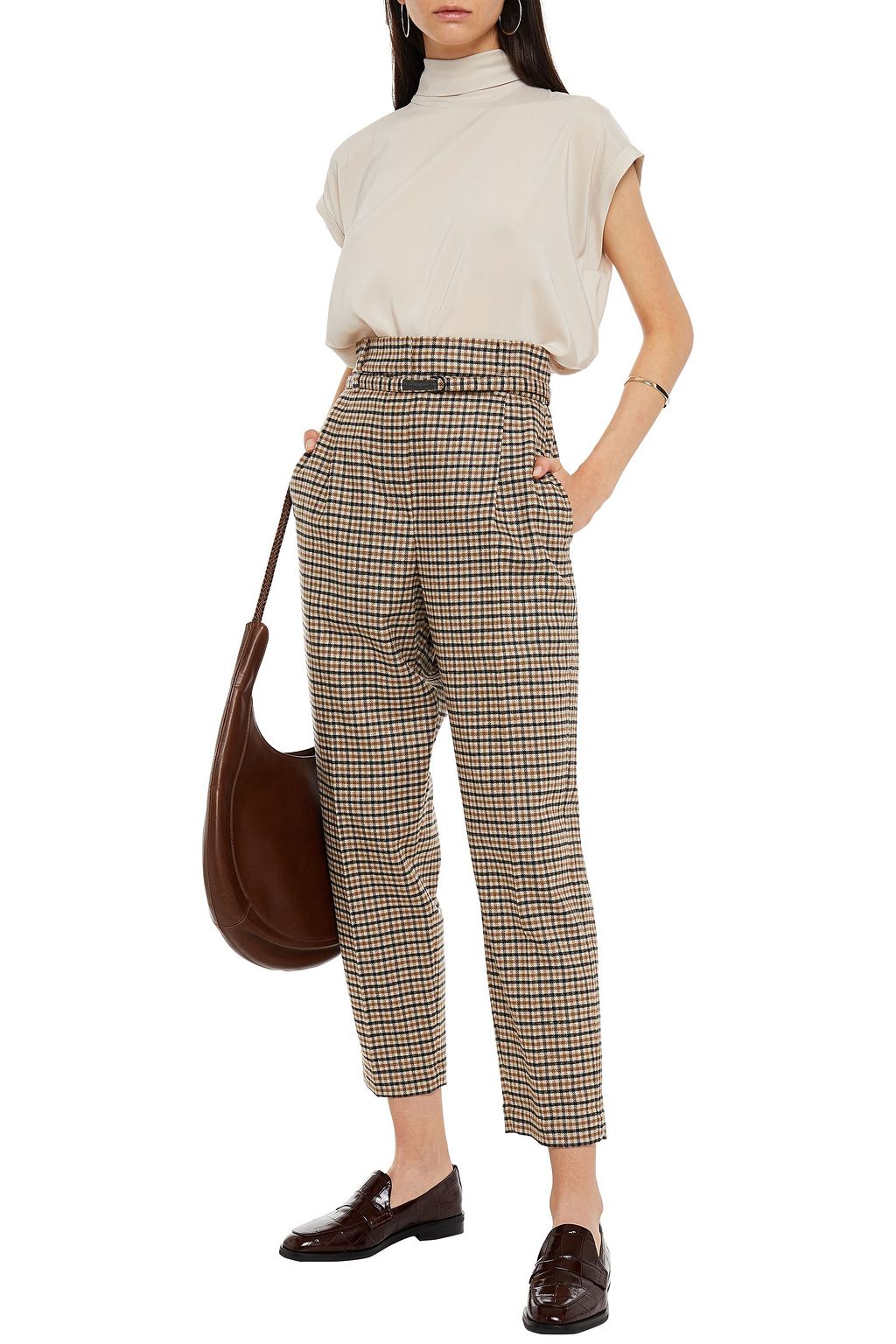 BRUNELLO CUCINELLI Bead-embellished silk-blend crepe de chine turtleneck top
