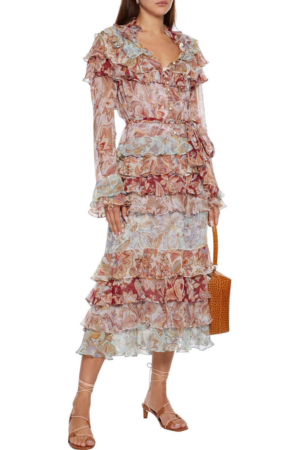 ZIMMERMANN Ladybeetle tiered belted printed silk-chiffon midi dress