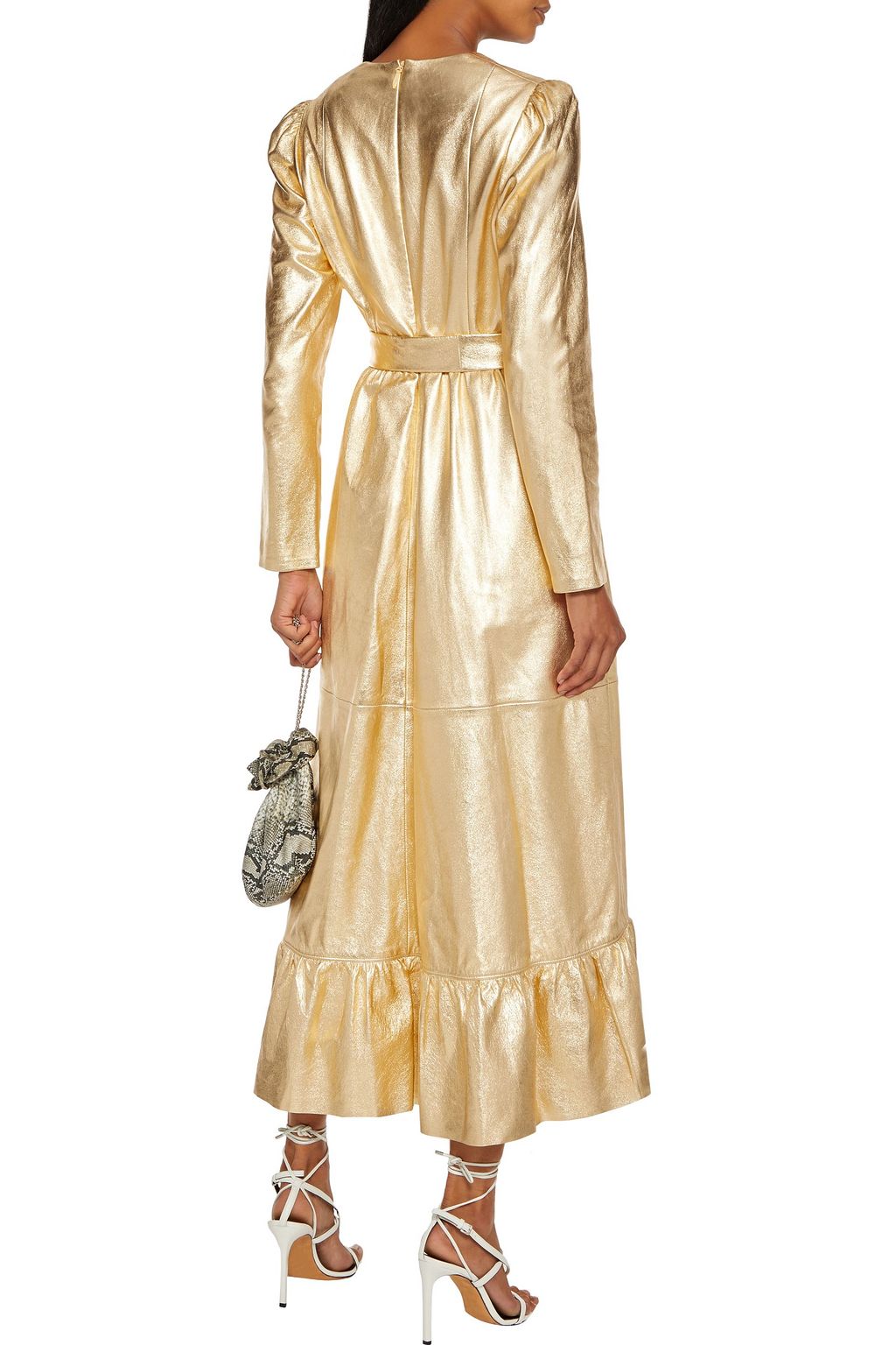 ZIMMERMANN Ladybeetle wrap-effect ruffled metallic textured-leather midi dress