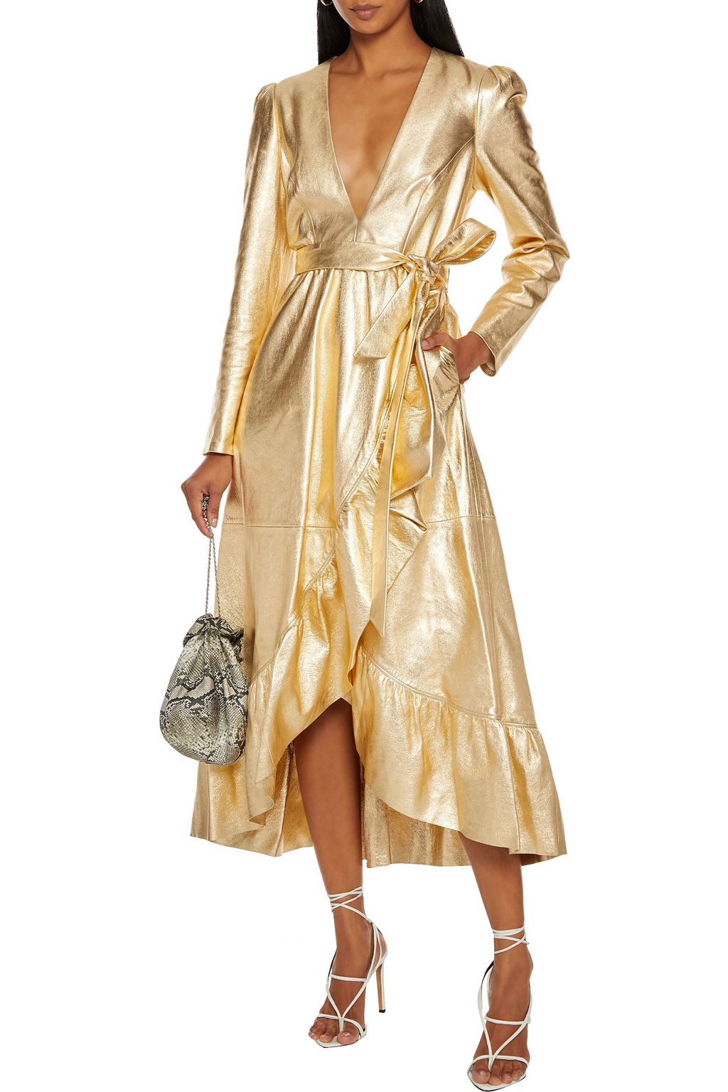 ZIMMERMANN Ladybeetle wrap-effect ruffled metallic textured-leather midi dress