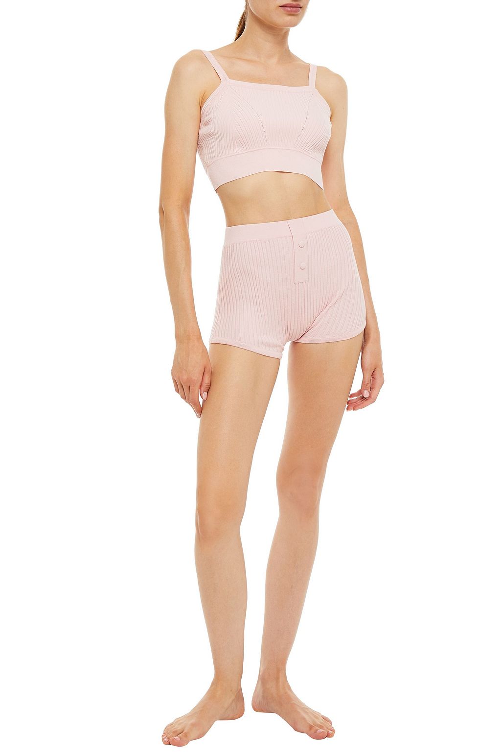LIVE THE PROCESS Snap-detailed ribbed-knit shorts