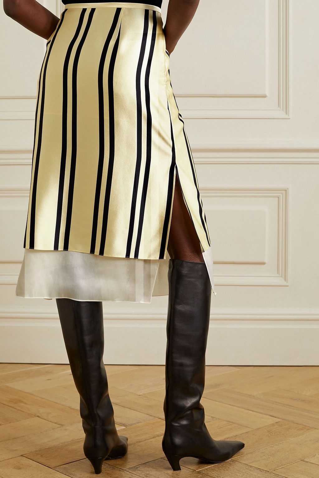KHAITE Leelo layered striped silk-charmeuse and georgette midi skirt