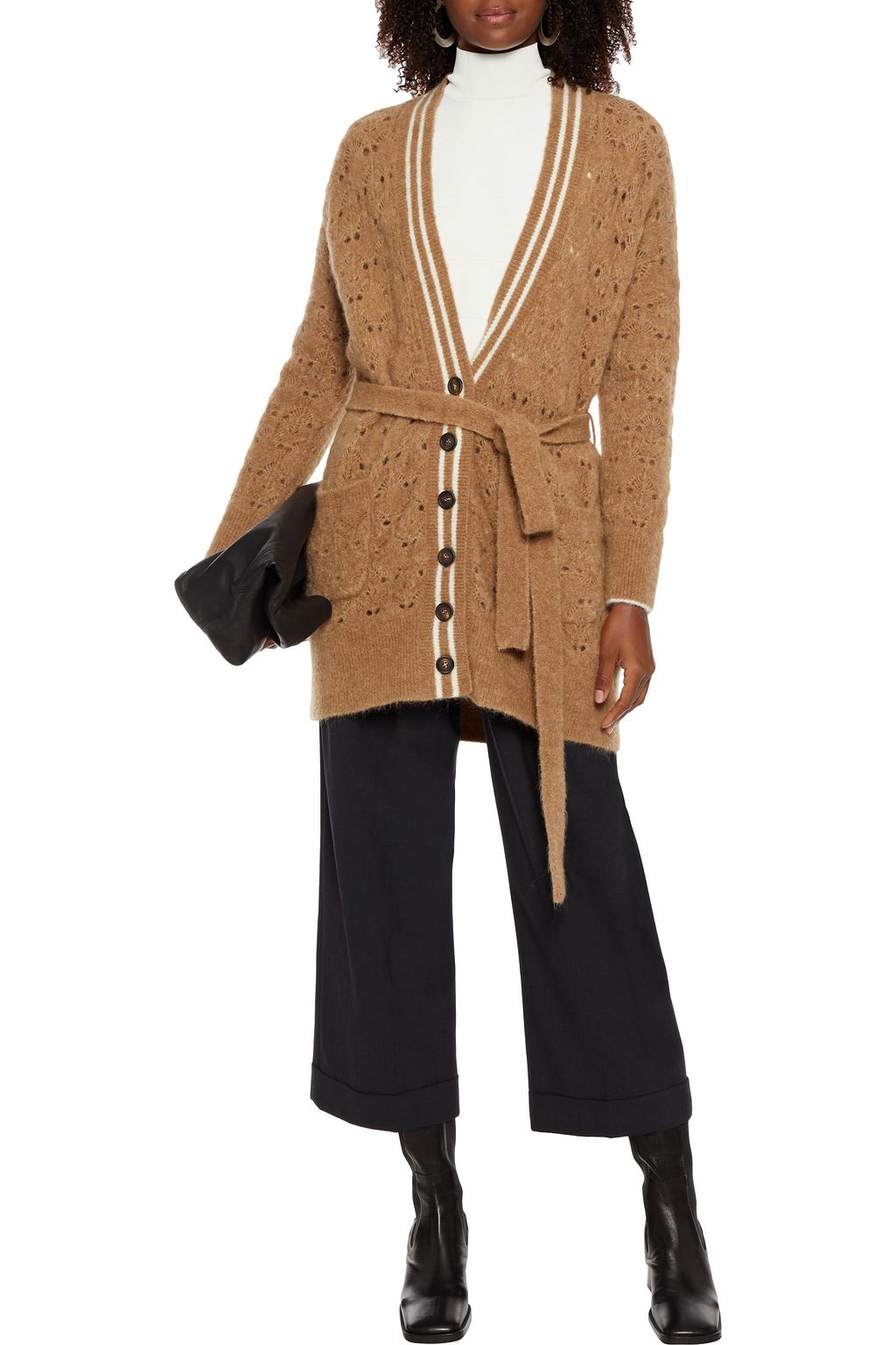 BRUNELLO CUCINELLI Belted brushed pointelle-knit cardigan