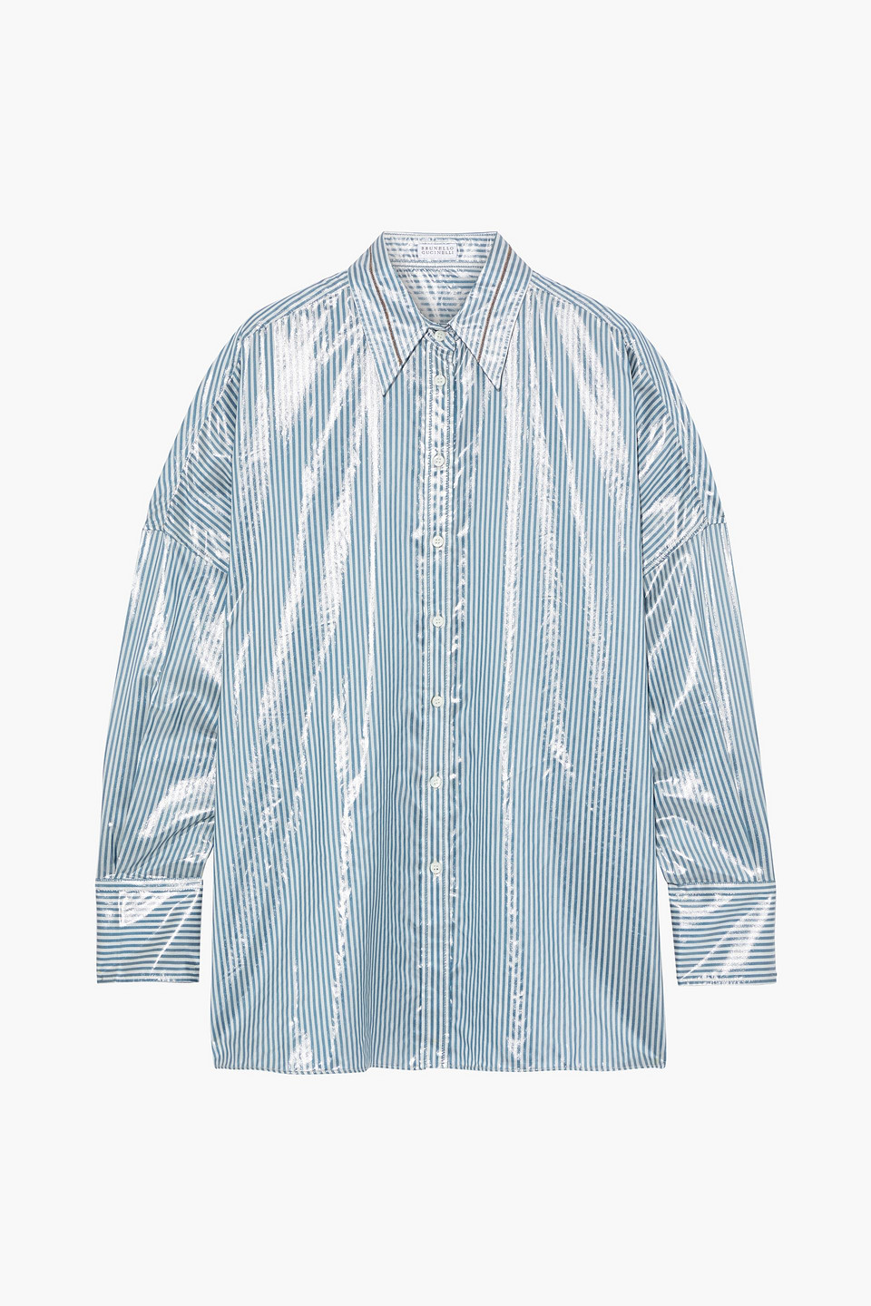 brunello cucinelli - bead-embellished striped silk-lamé shirt - blue - m