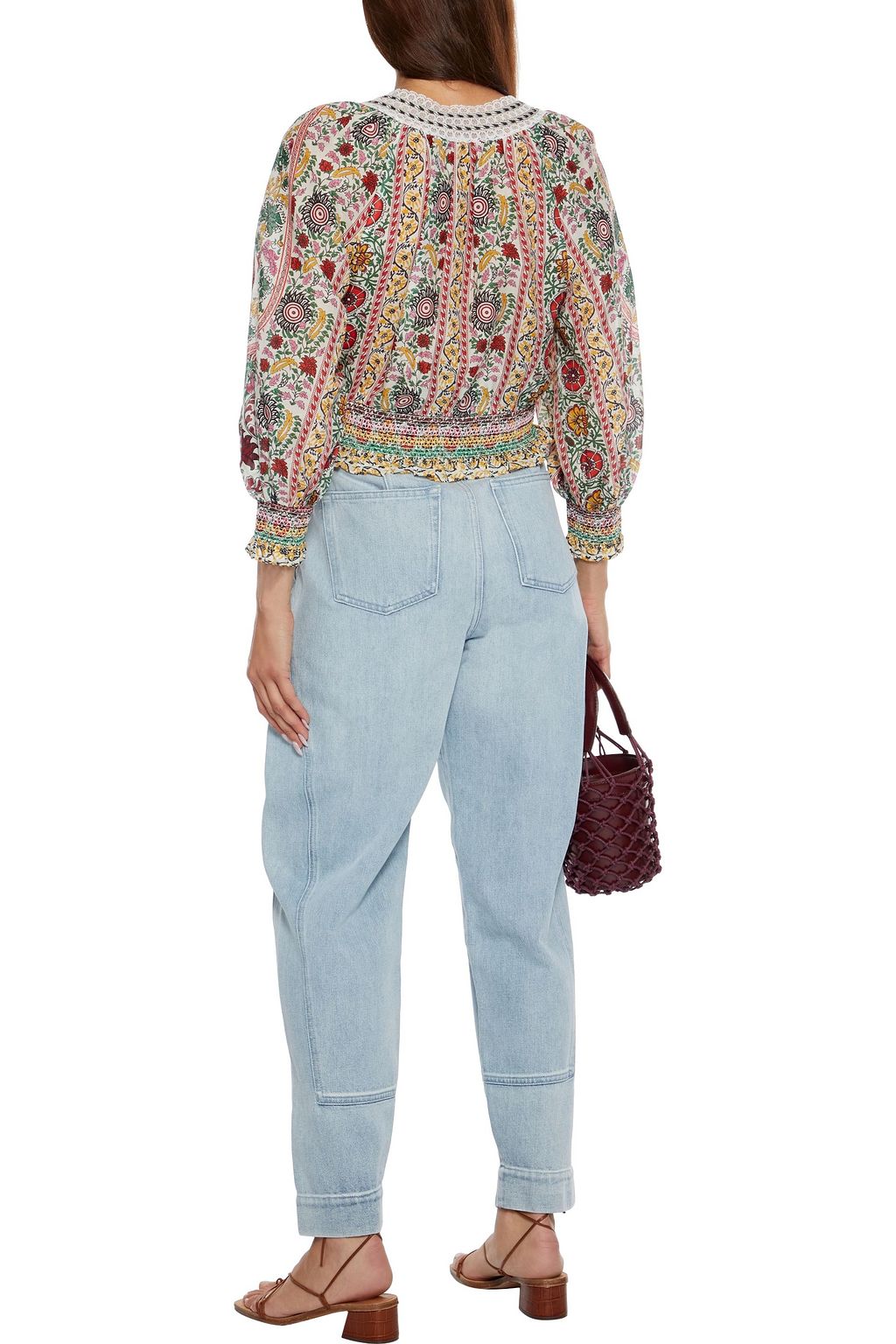 ALICE + OLIVIA Cherelle cropped smocked printed cotton and silk-blend blouse