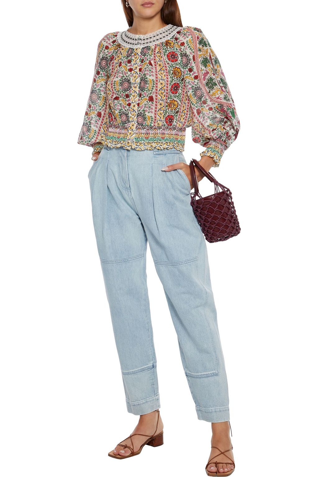 ALICE + OLIVIA Cherelle cropped smocked printed cotton and silk-blend blouse