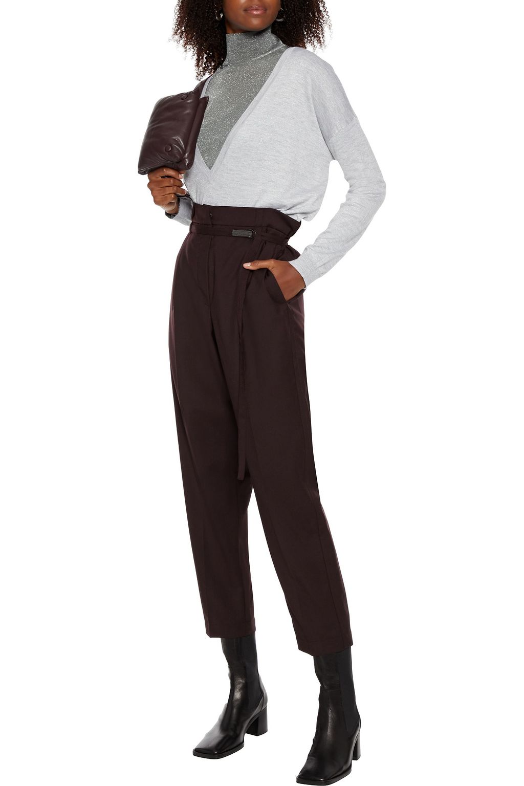 BRUNELLO CUCINELLI Belted bead-embellished wool tapered pants