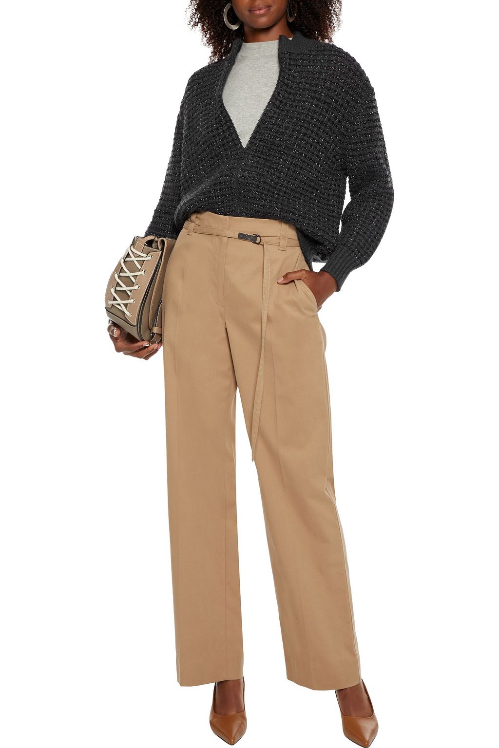 BRUNELLO CUCINELLI Belted cotton-blend twill straight-leg pants