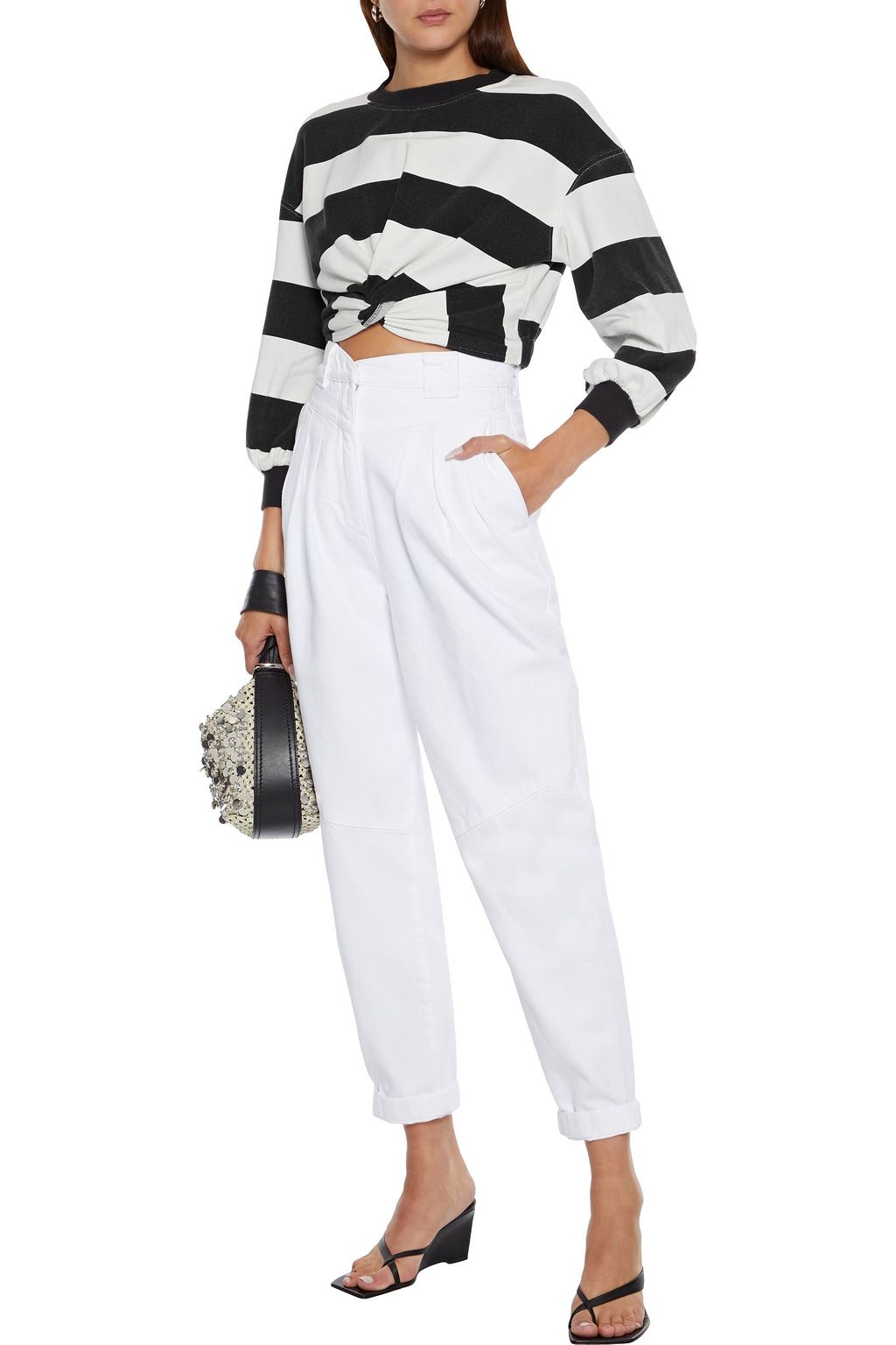 ALICE + OLIVIA Marcelle cropped twist-front striped cotton-blend fleece sweatshirt