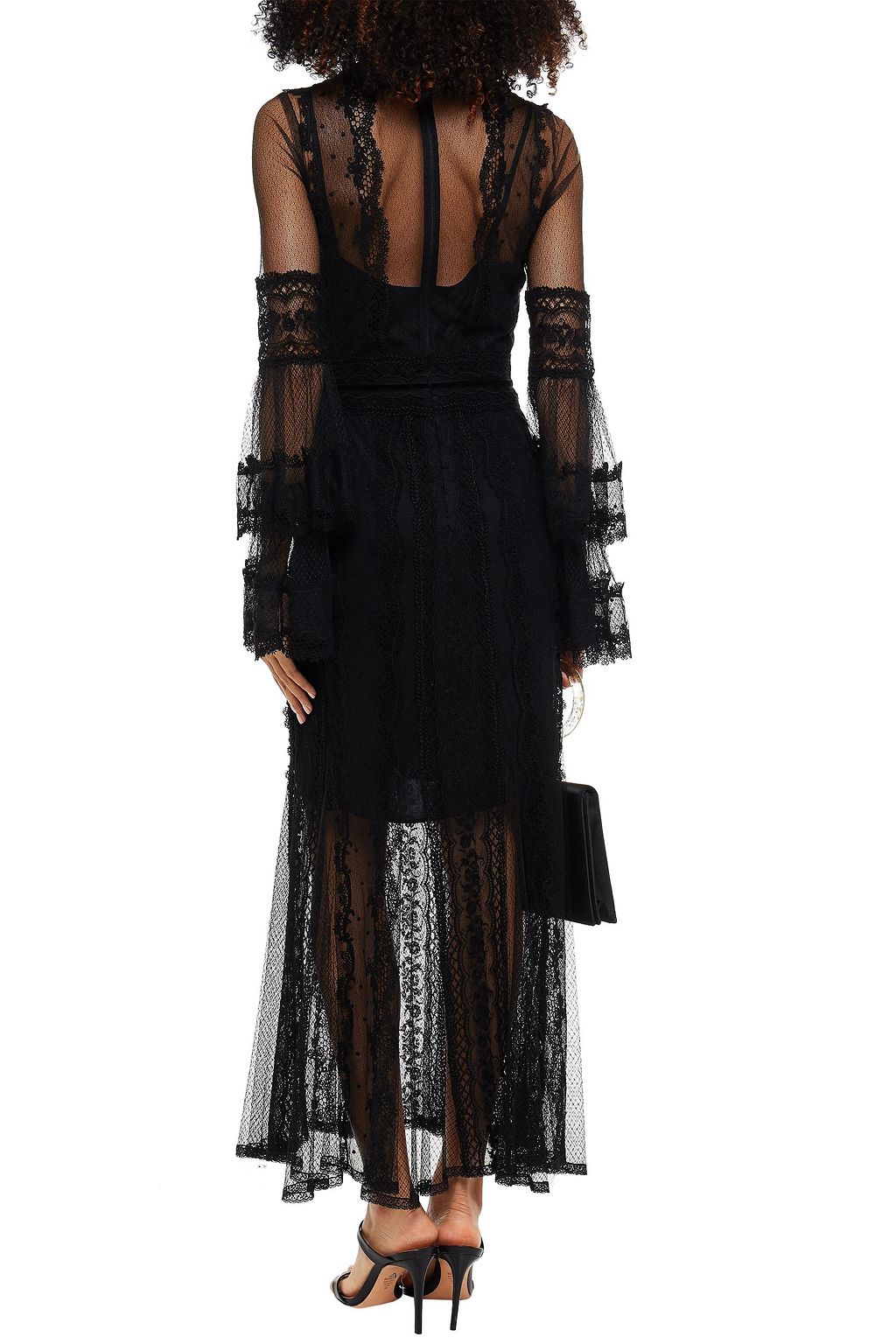 COSTARELLOS Point d'esprit-paneled ruffled lace maxi dress