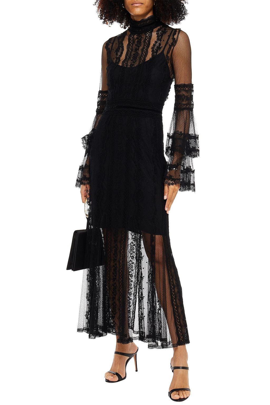 COSTARELLOS Point d'esprit-paneled ruffled lace maxi dress