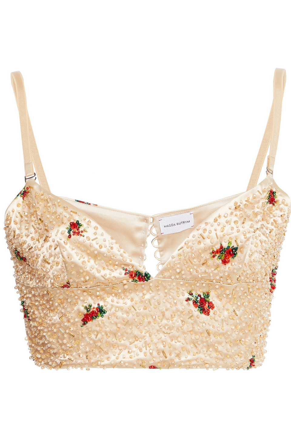 Embellished Floral-print Satin Bra Top