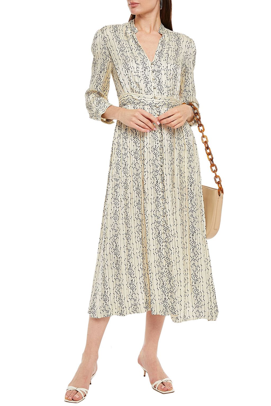 SANDRO Shira pintucked printed satin-jacquard midi dress
