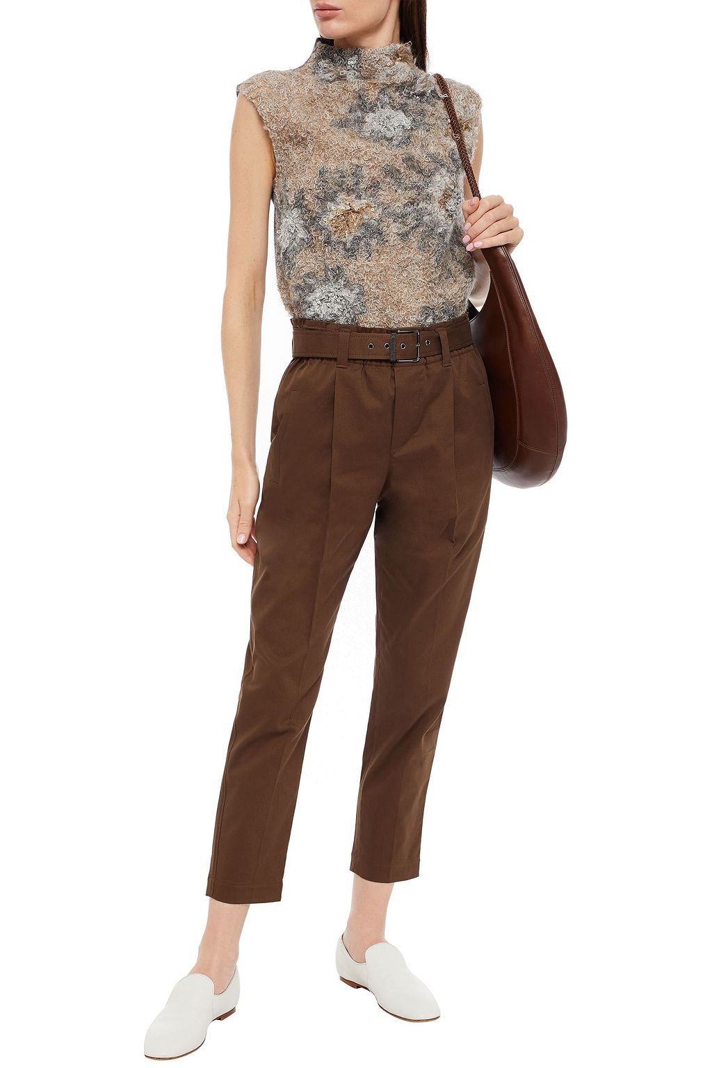 BRUNELLO CUCINELLI Jersey-paneled embellished silk-organza turtleneck top