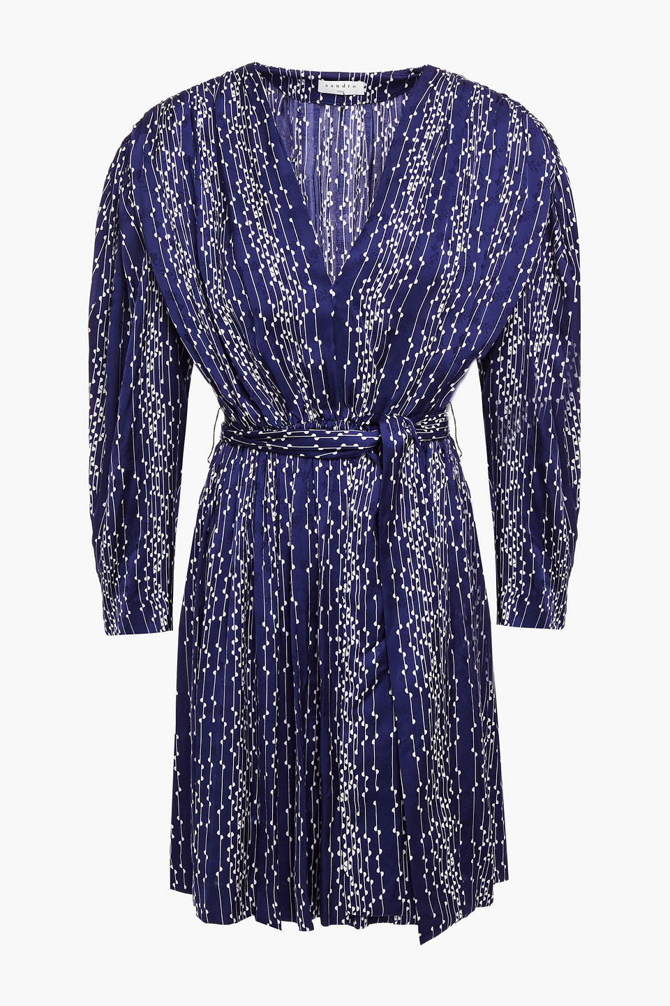 sandro - gathered printed satin-jacquard mini dress - blue - fr 40