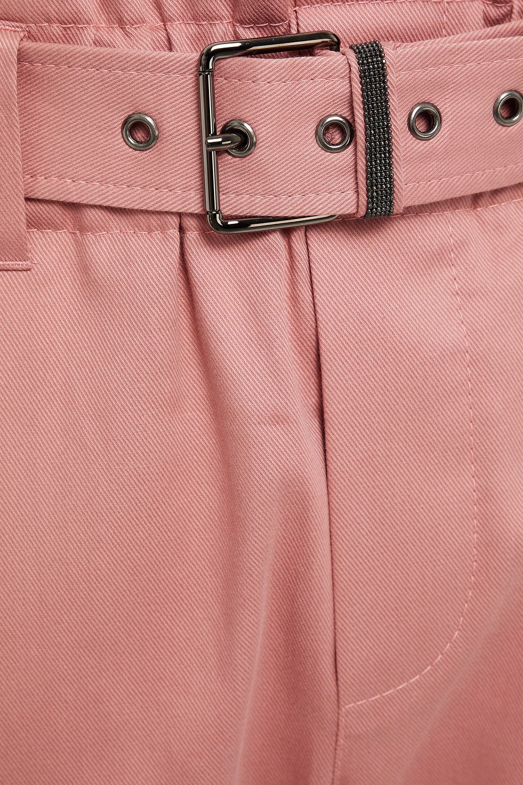 BRUNELLO CUCINELLI Cropped belted embellished cotton-blend twill tapered pants