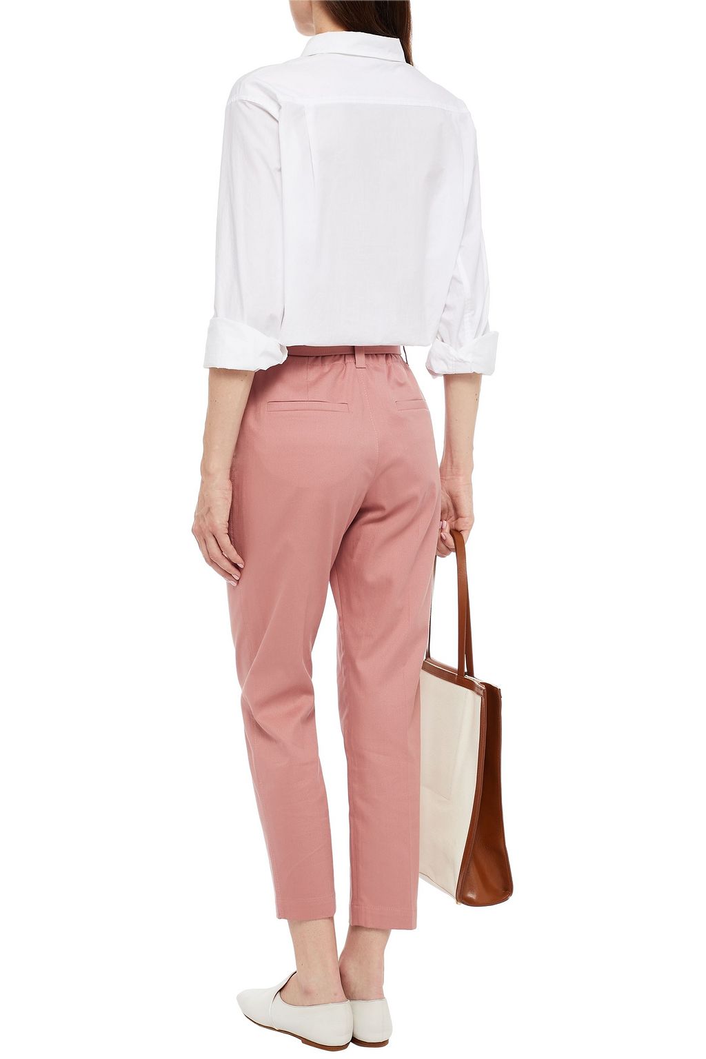 BRUNELLO CUCINELLI Cropped belted embellished cotton-blend twill tapered pants