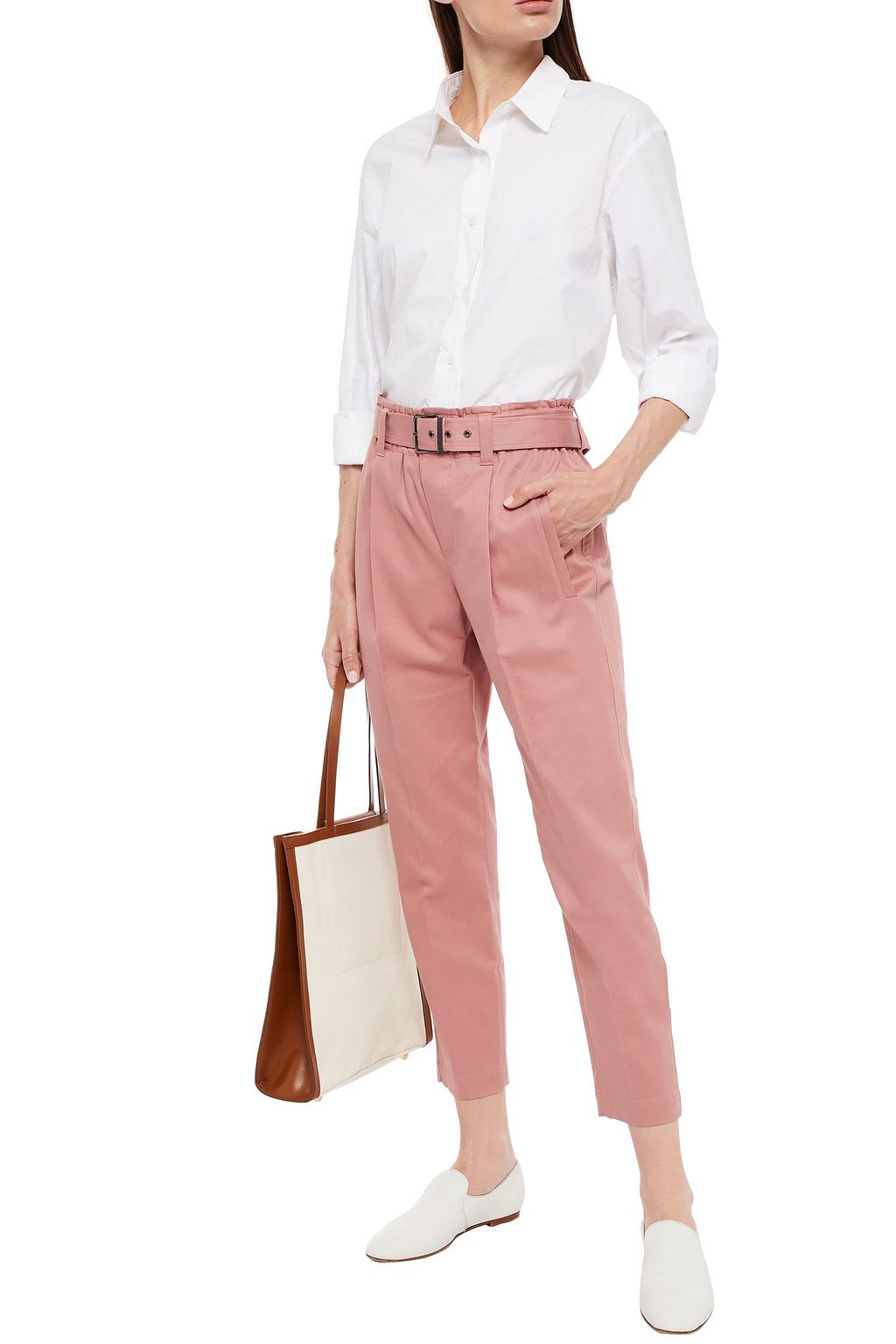 BRUNELLO CUCINELLI Cropped belted embellished cotton-blend twill tapered pants