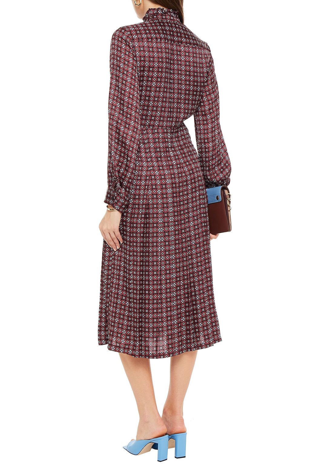 SANDRO Ruffle-trimmed printed satin midi dress