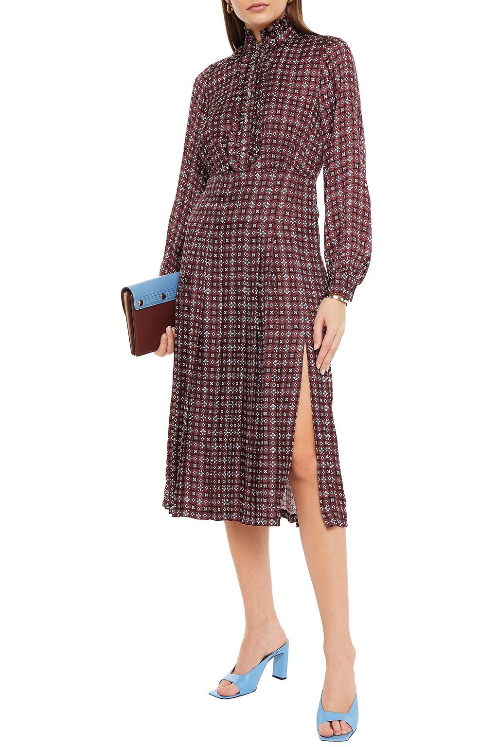 SANDRO Ruffle-trimmed printed satin midi dress