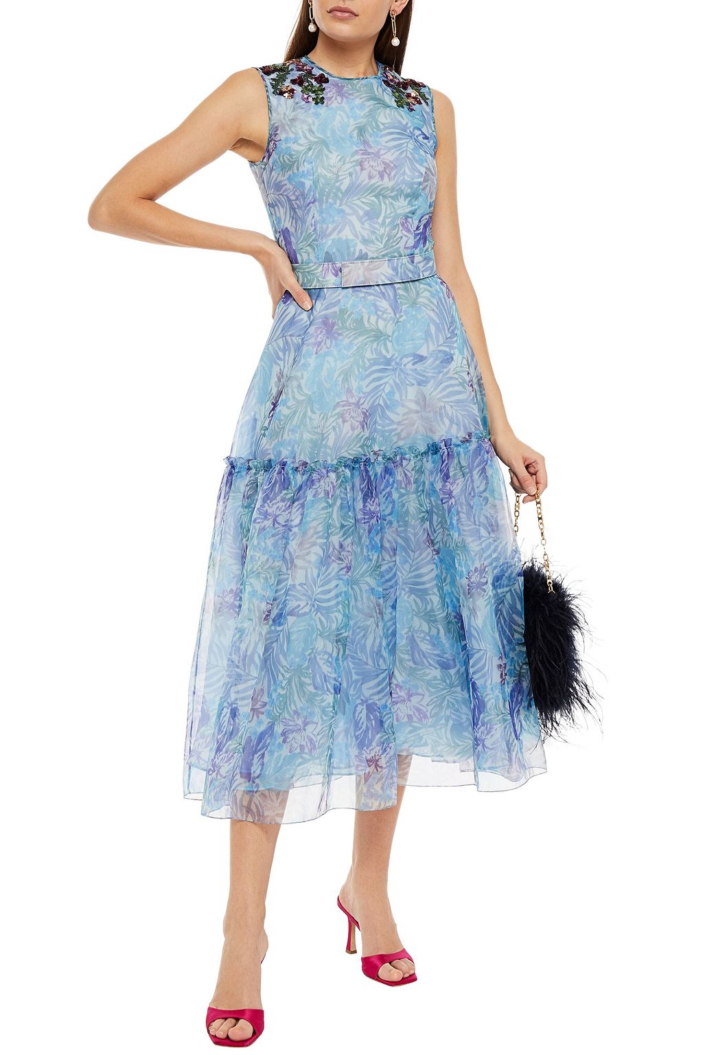 COSTARELLOS Embellished gathered floral-blend silk-organza midi dress