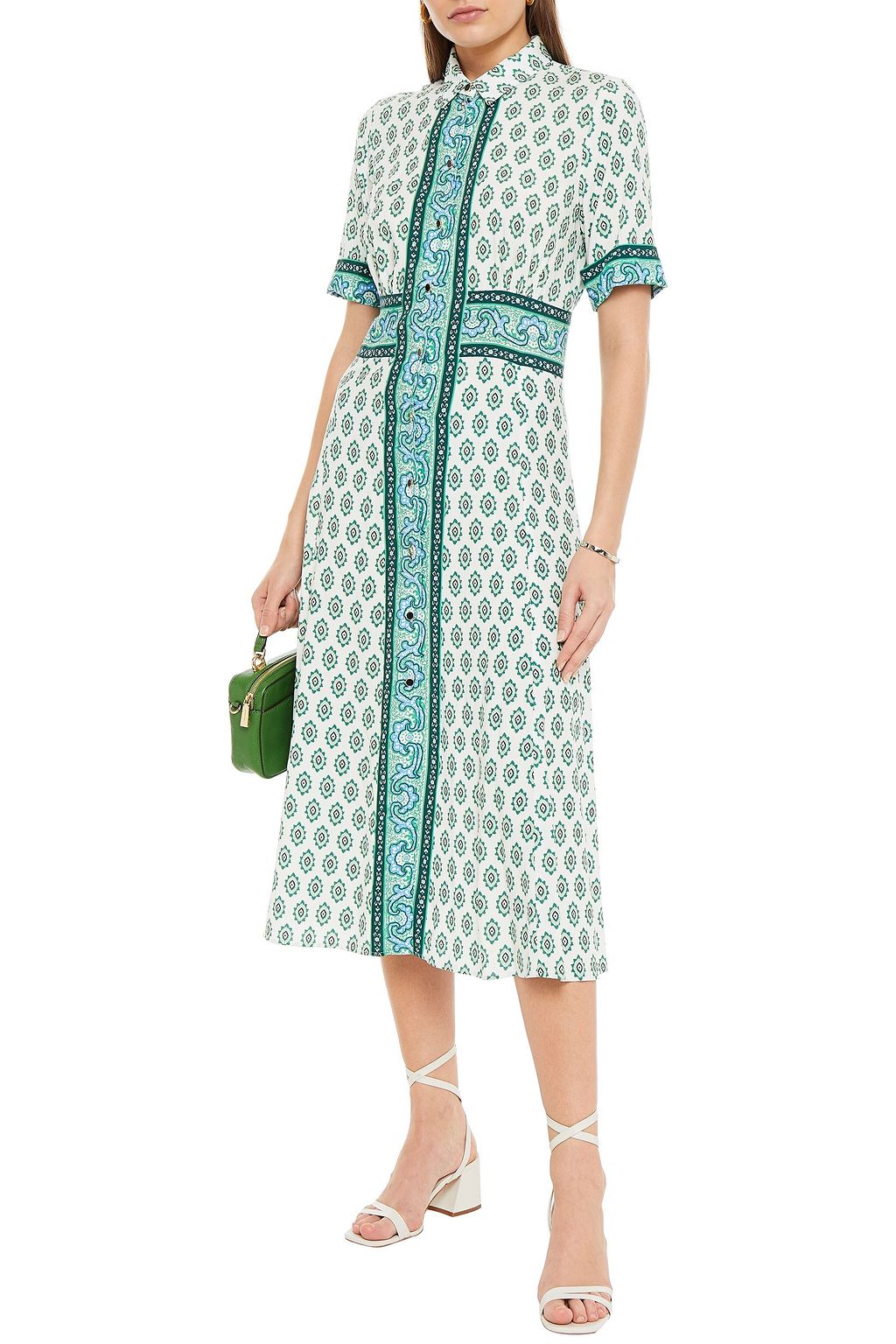SANDRO Naim gathered printed woven midi shirt dress