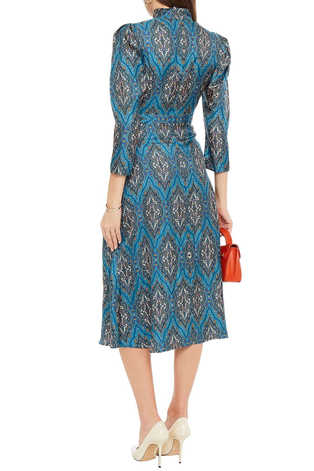SANDRO Ruched printed silk-satin midi dress