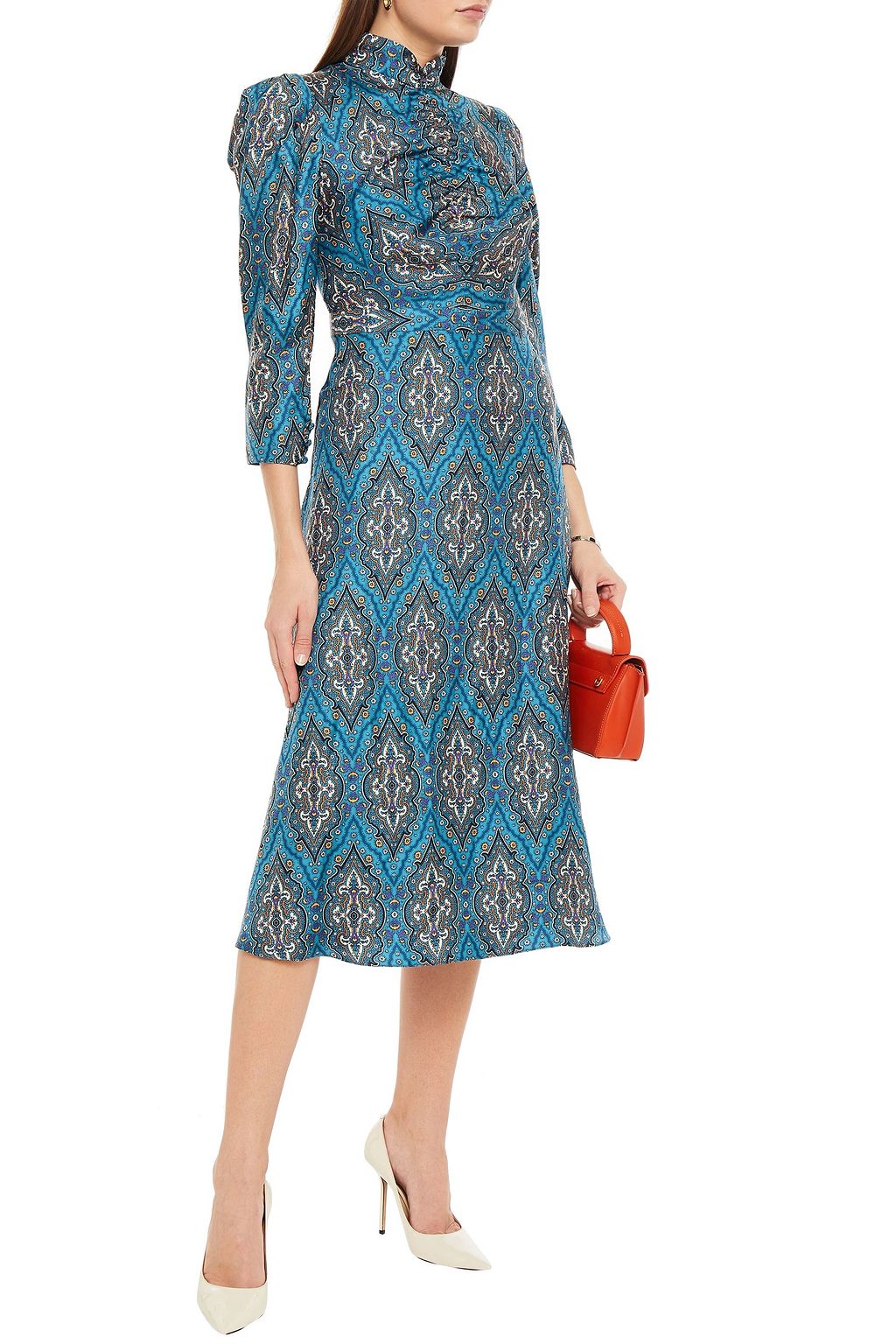 SANDRO Ruched printed silk-satin midi dress