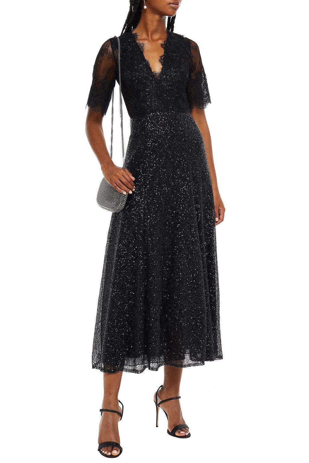 COSTARELLOS Sequin-embellished lace midi dress