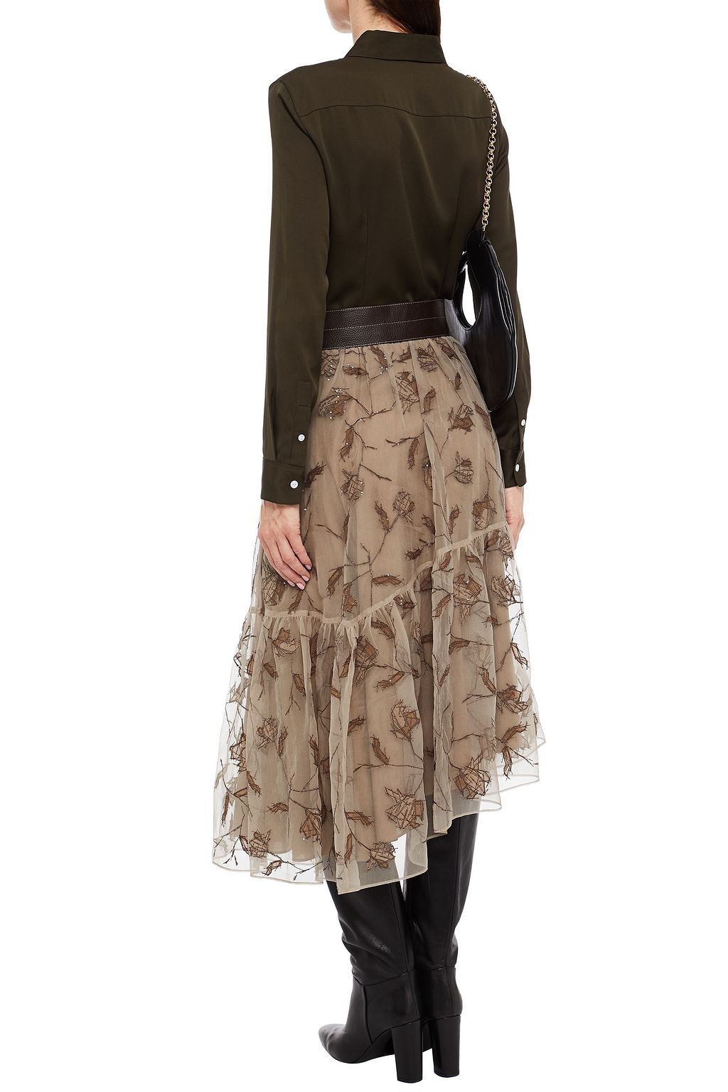 BRUNELLO CUCINELLI Asymmetric embellished gathered silk-organza midi skirt