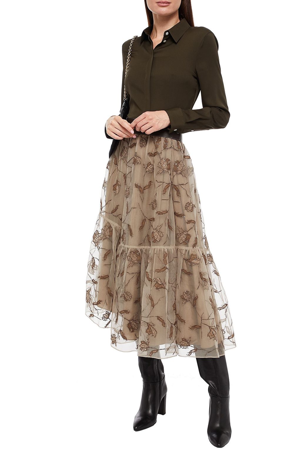 BRUNELLO CUCINELLI Asymmetric embellished gathered silk-organza midi skirt