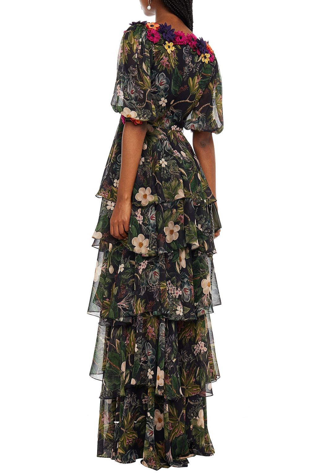COSTARELLOS Embellished tiered floral-print crepon gown