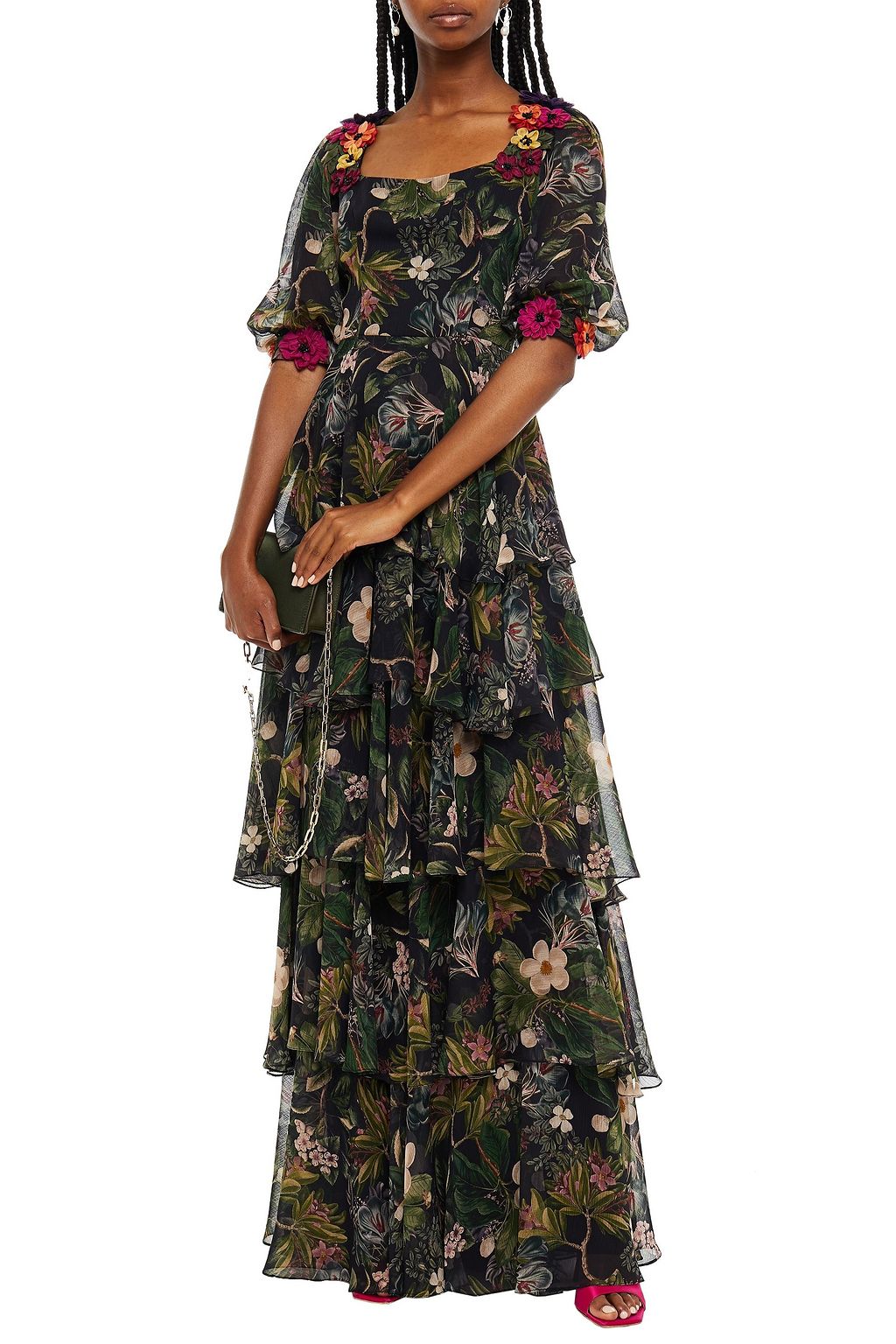 COSTARELLOS Embellished tiered floral-print crepon gown