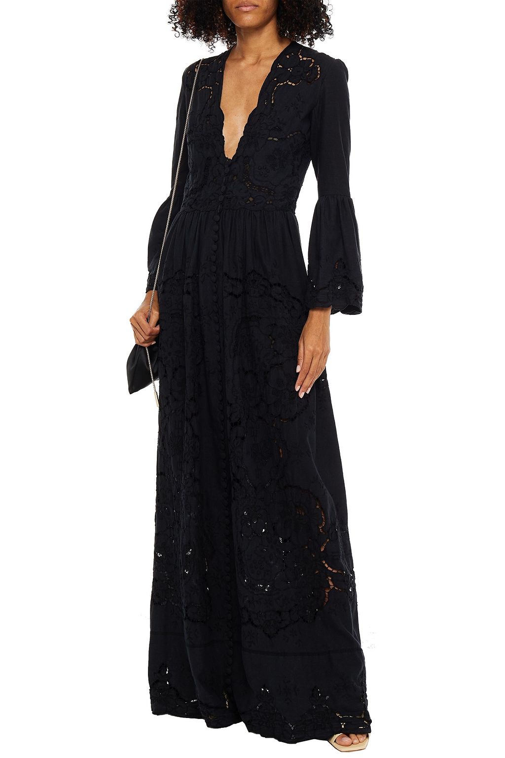 COSTARELLOS Gathered Broderie anglaise silk-blend gown