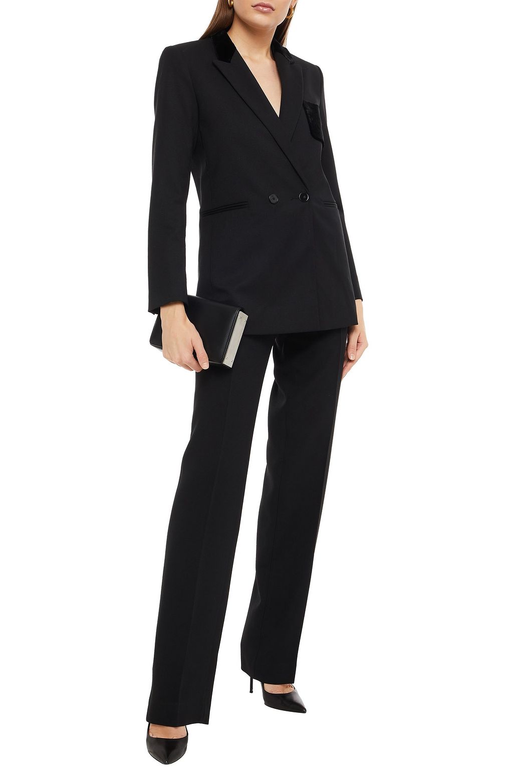 SANDRO Nicky double-breasted velvet-trimmed twill blazer