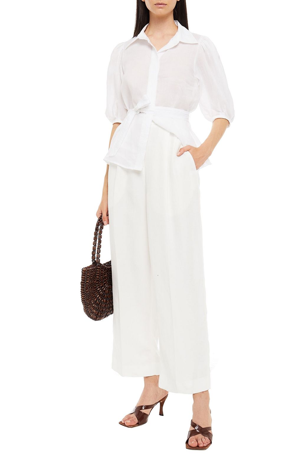 SANDRO Pleated slub-woven wide-leg pants
