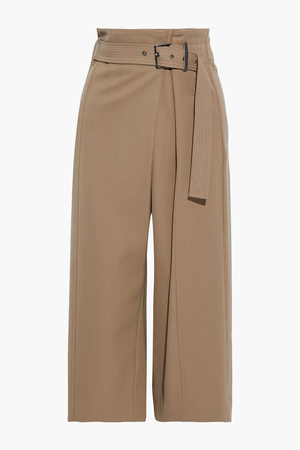 brunello cucinelli - cropped belted bead-embellished wool wide-leg pants - neutral - it 40