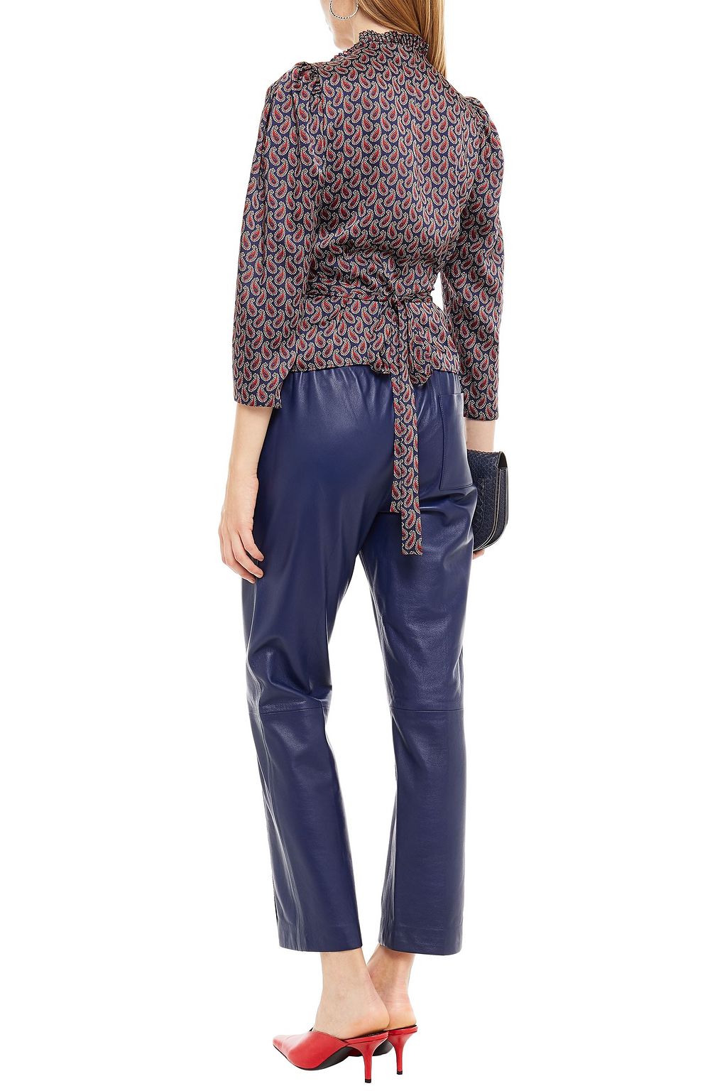 SANDRO Pleated printed satin-twill wrap blouse