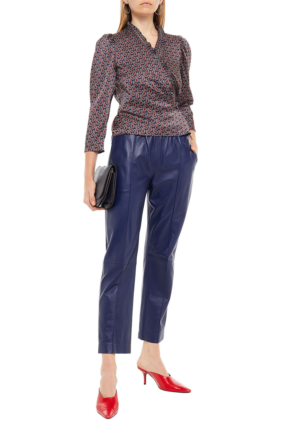 Sandro Pleated Printed Satin-twill Wrap Blouse In Burgundy